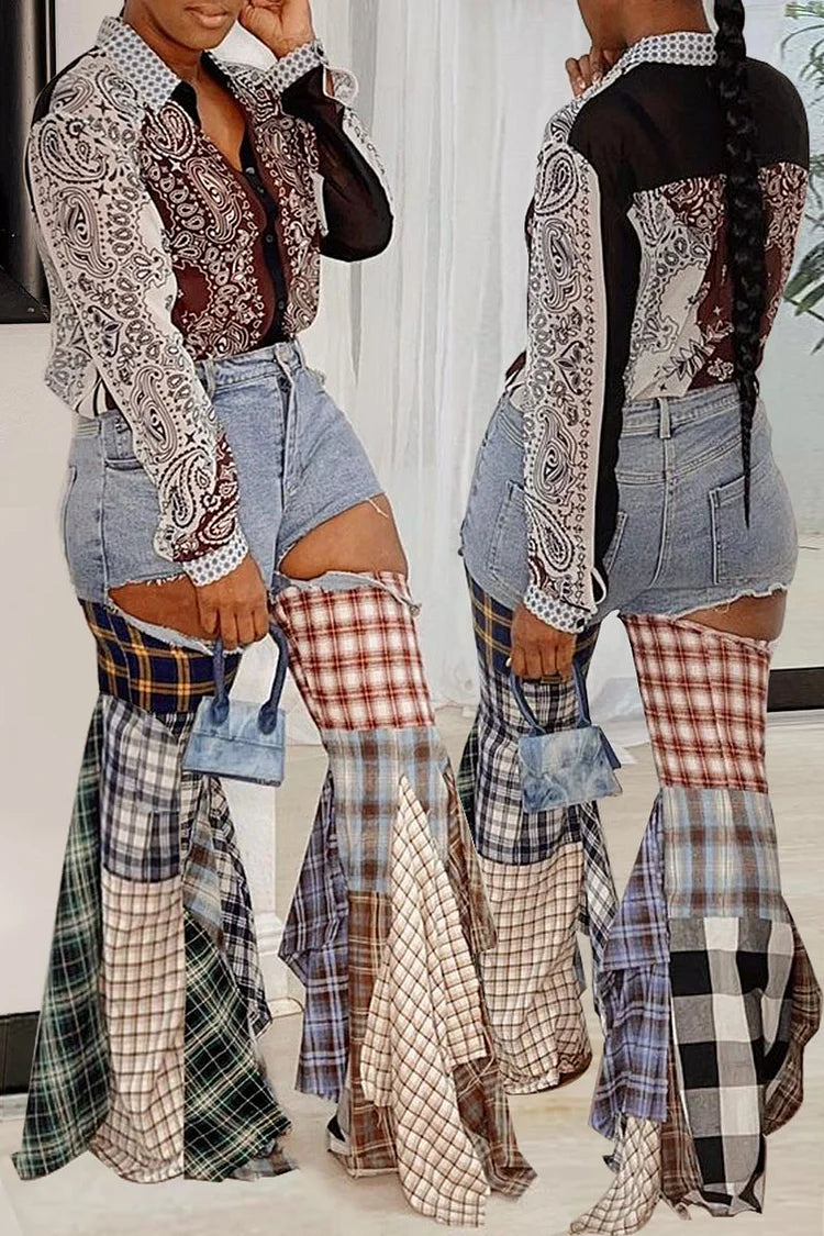 Plus Size Daily Plaid Colorblock Patchwork Ripped Flared Denim Bell Bottom Pants