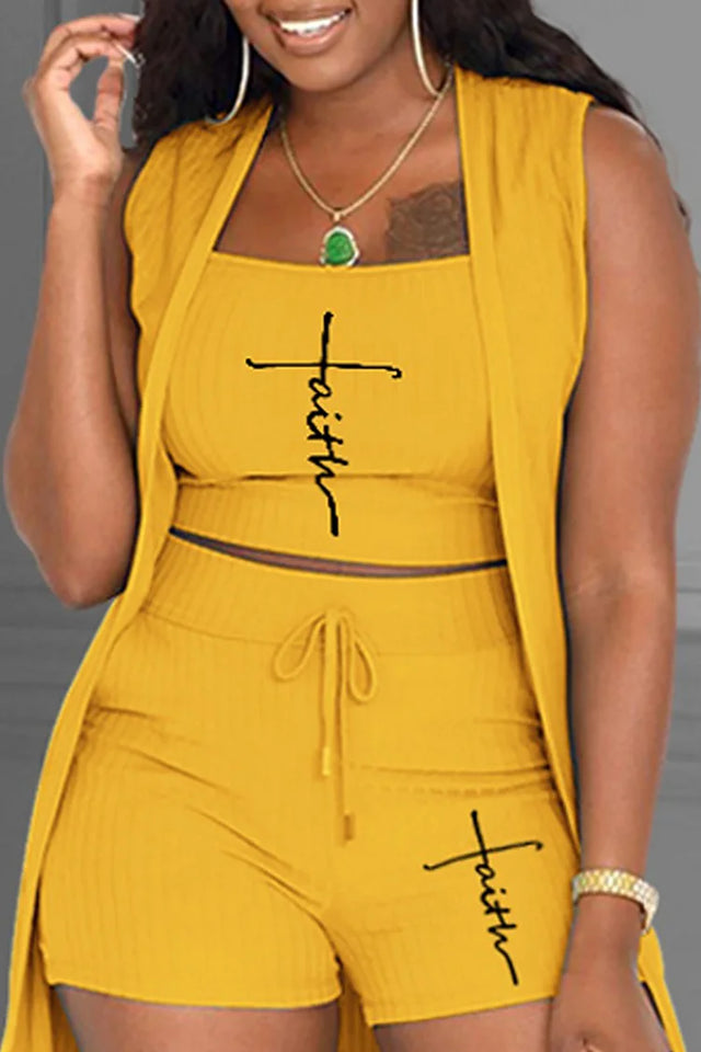Plus Size Yellow Daily Letter Print Vest Coat 3pcs Short Sets Image