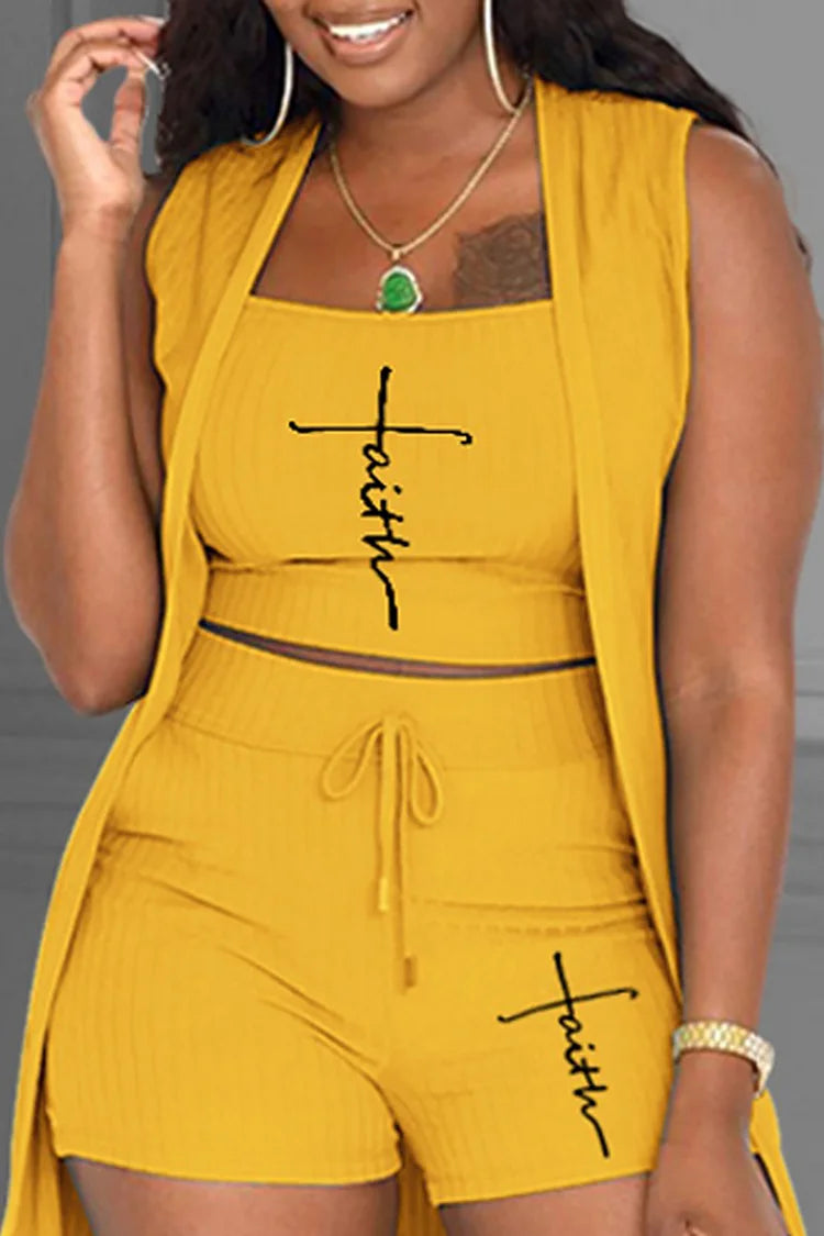 Plus Size Yellow Daily Letter Print Vest Coat 3pcs Short Sets