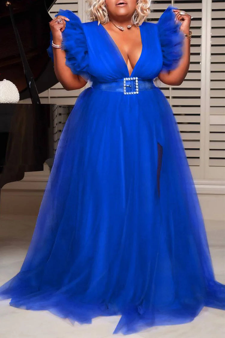Plus Size Royal Blue Formal V-neck Ruffle Sleeve Tulle Slit Maxi Dress(No Belt)