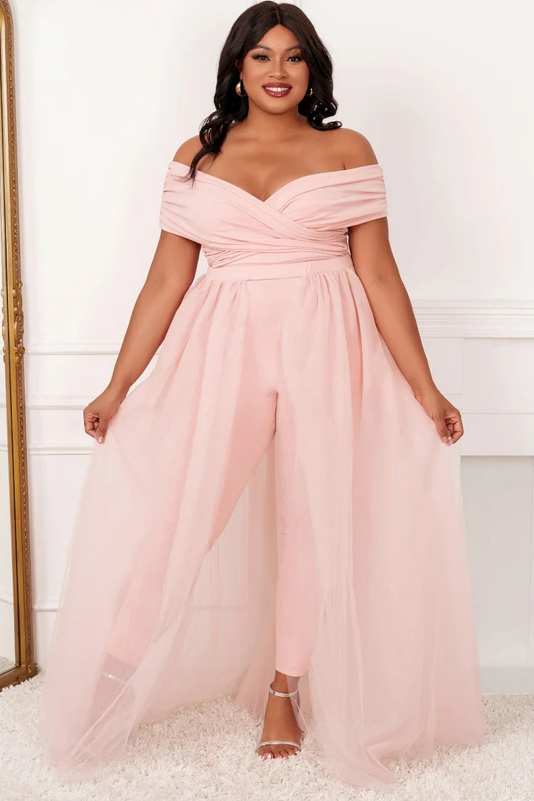 Plus Size Formal Pink Off Shoulder V Neck Tulle Jumpsuit (With Tulle Skirts)