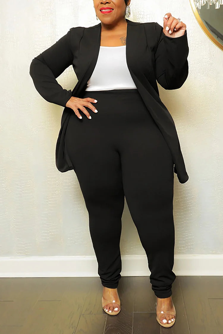 Plus Size Black Casual Long Sleeve Two Pieces Blazer Set