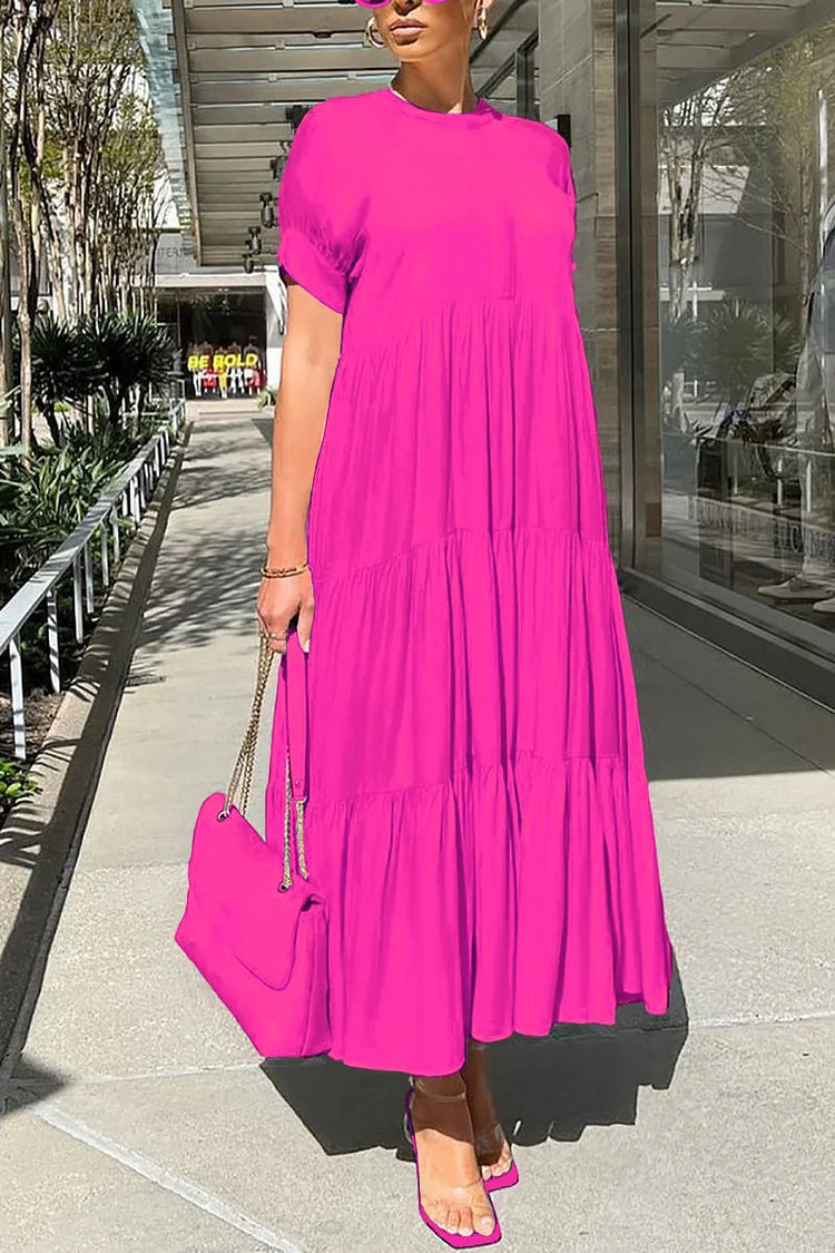 Plus Size Vacation Rose Round Neck Short Sleeve Ruffle Maxi Dress