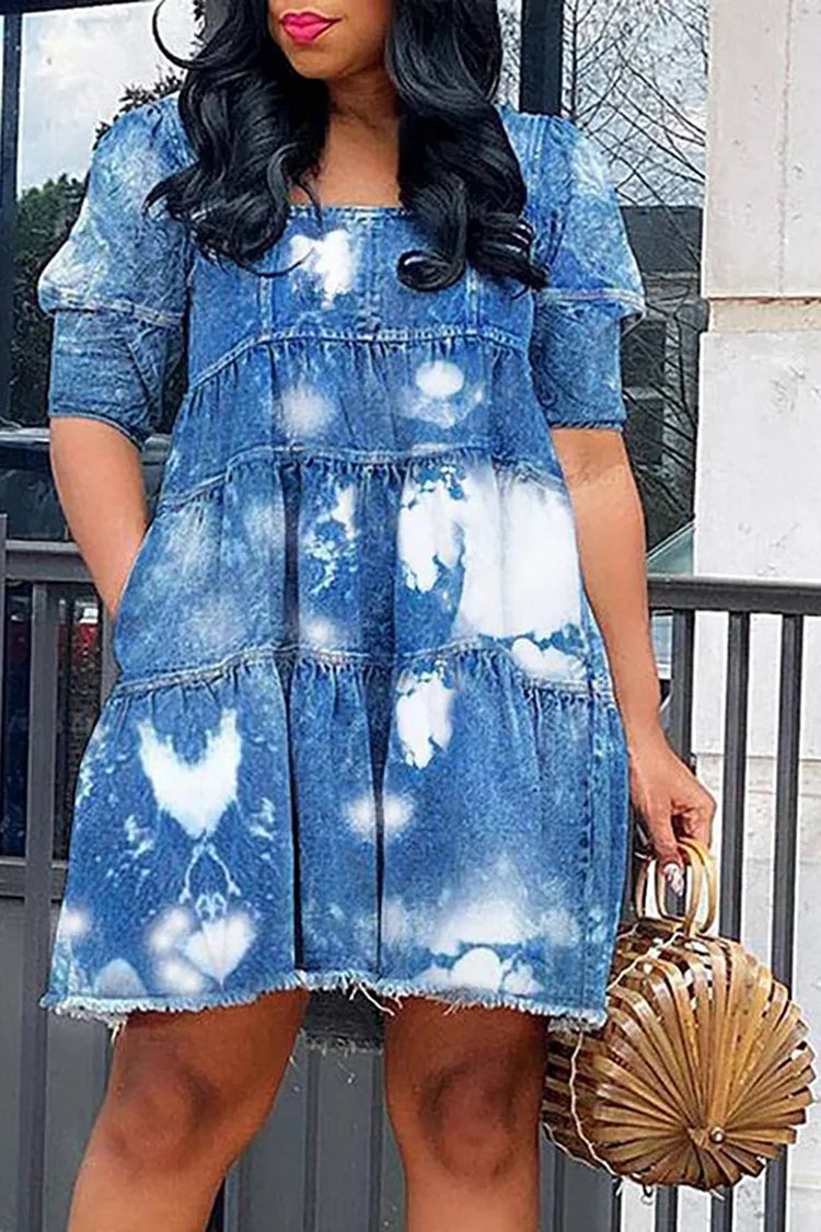 Plus Size Navy Blue Daily Denim Puff Sleeve Babydoll Dress Mini Dress Plus Size Navy Blue Daily Denim Puff Sleeve Babydoll Dress Mini Dress