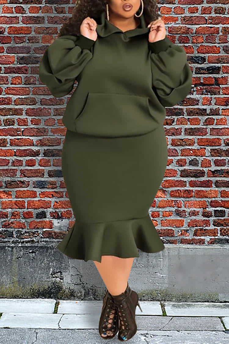 Plus Size Casual Army Green Lantern Long Sleeve Fish Tail Hoodies Two Pieces Skirt Set