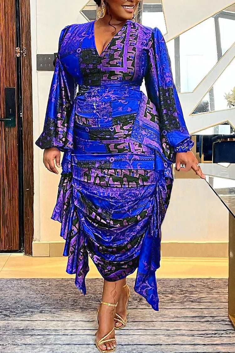 Plus Size Daily Long Sleeve Drape Dress Pattern Print Blue Midi Dress