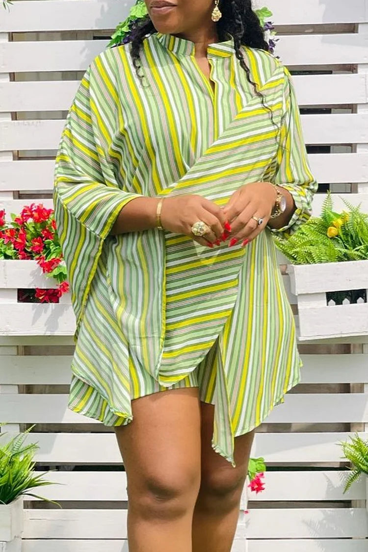 Plus Size Green Casual Stripe Print Bat Sleeve Two Pieces Shorts Set