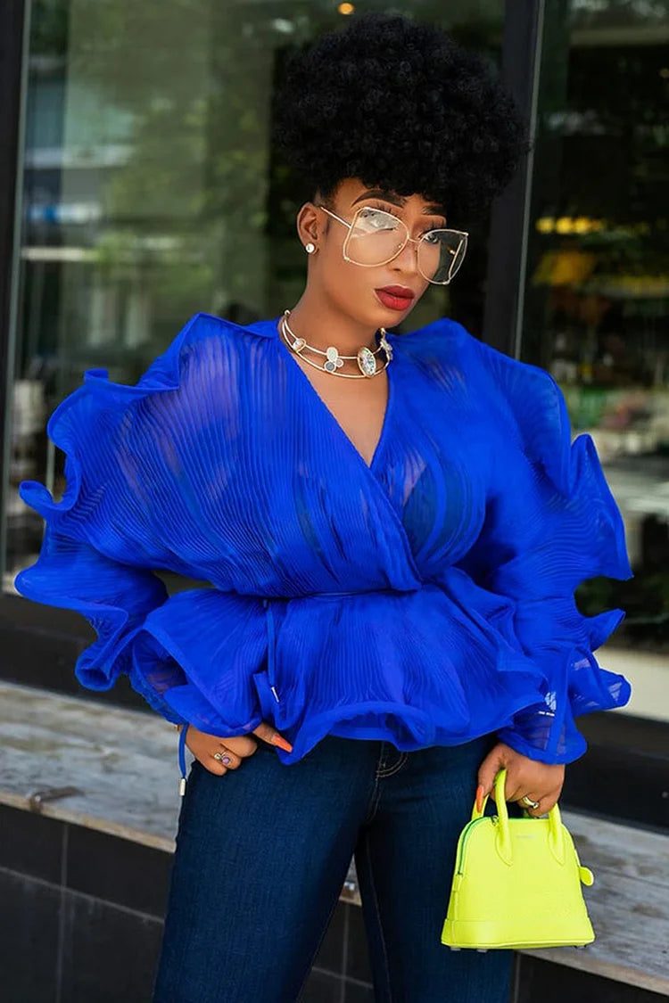 Plus Size Daily Ruffle V Neck Royal Blue Blouses