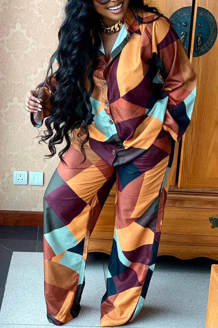Plus Size Casual Pattern Print Long Sleeve Two Pieces Pants Set