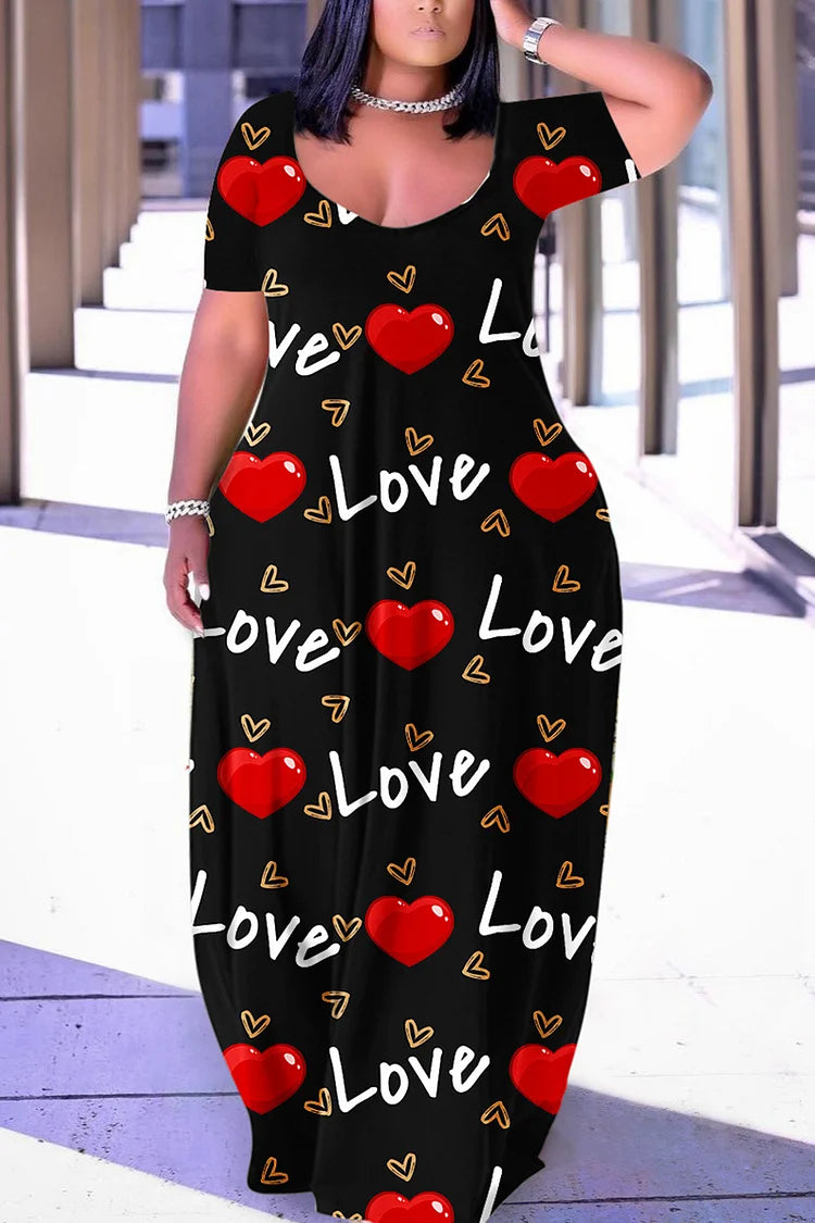 Plus Size Valentines Red Heart All Over Print Short Sleeve Maxi Dress