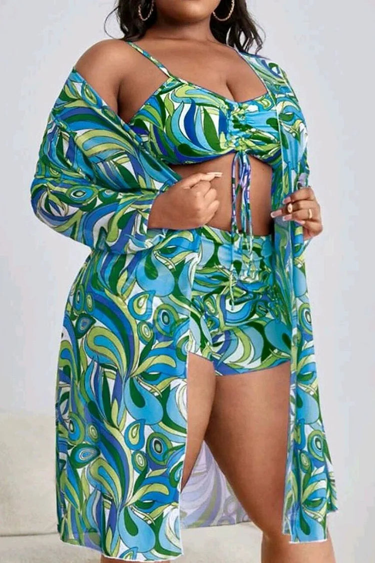 Plus Size Green Daily Tropical Print High Waist Three Pieces Swimsuit