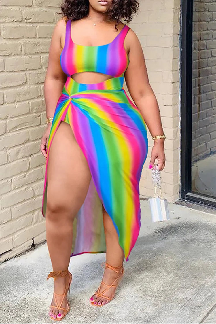 Plus Size Multicolor Casual Rainbow Print Hollow Two Piece Tankinis Swimsuit