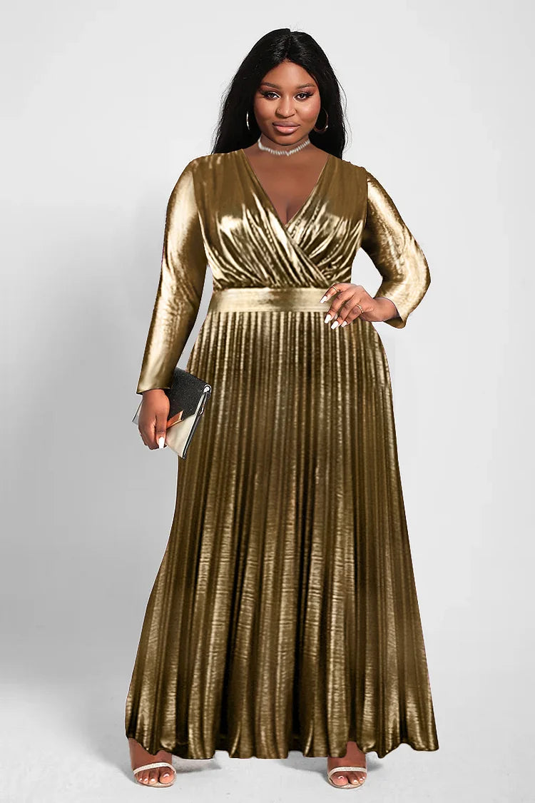 Xpluswear Design Plus Size Gold Formal V Neck Long Sleeve High Waist Pleated Maxi Dress