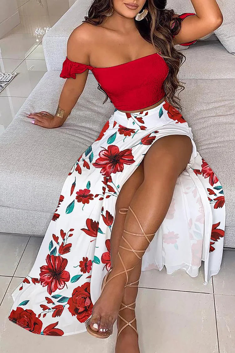 Plus Size Red Daily Floral Print Off The Shoulder Side Slit Skirt Sets