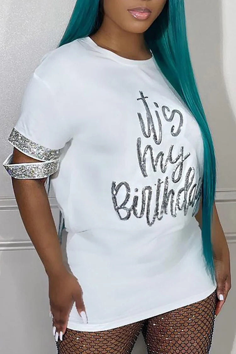 Plus Size White Daily Letter Print Sequin Sleeves T-Shirts