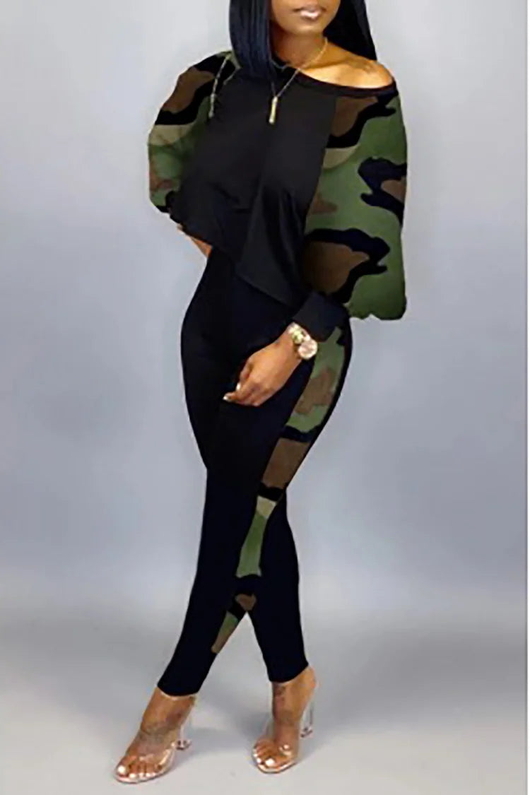 Plus Size Daily Camo Print Long Sleeve Patchwork Two Pieces Pants Set