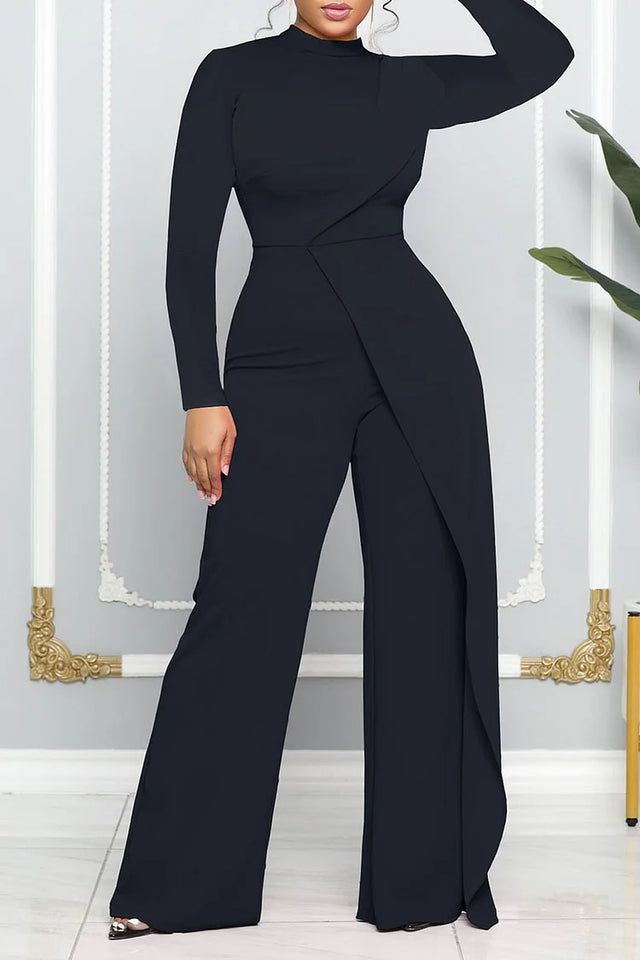Plus Size Casual Black Patchwork O Neck Long Sleeves Straight Jumpsuits Image