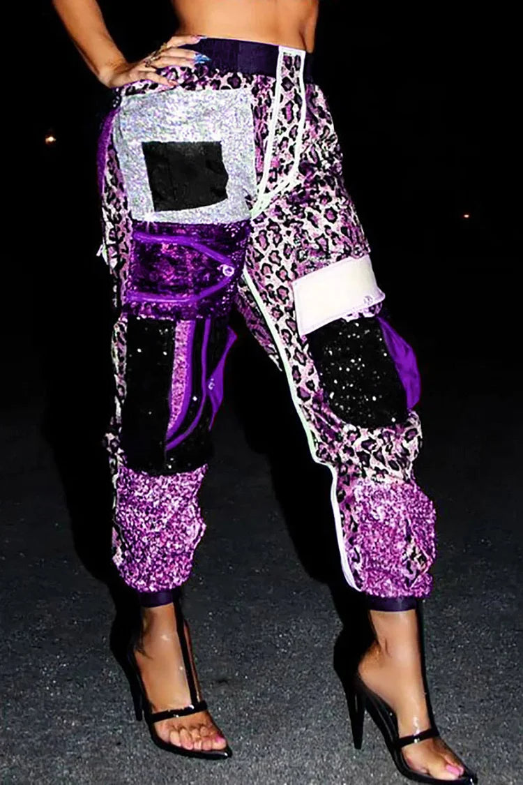 Plus Size Purple Party Patchwork Leopard Pocket  Pants