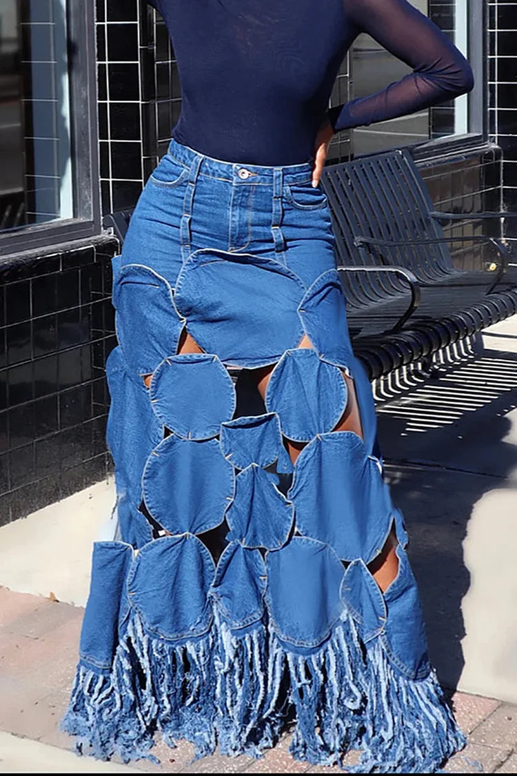Plus Size Blue Casual Circle W/Insert Cut Out Fringe Denim Skirt
