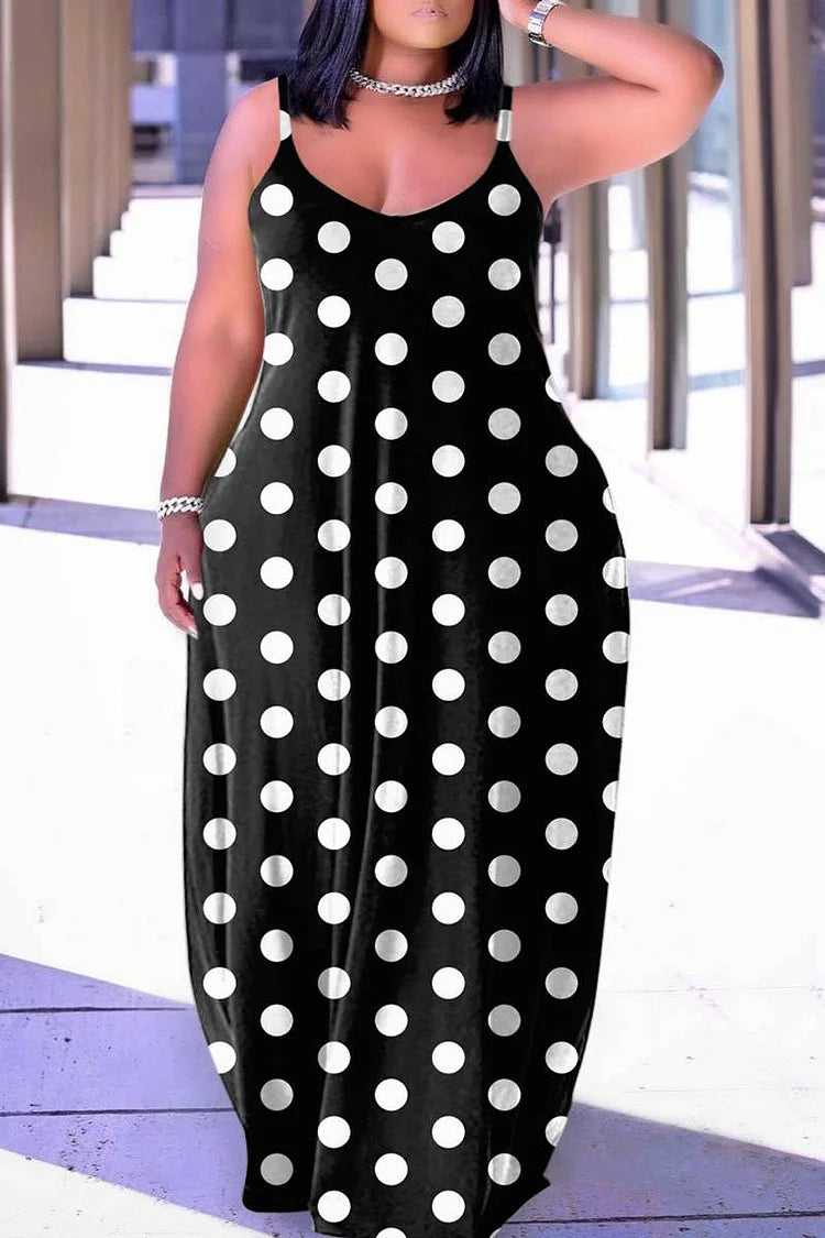 Plus Size Black Daily Printed Wave Dot Deep V-neck Maxi Dress