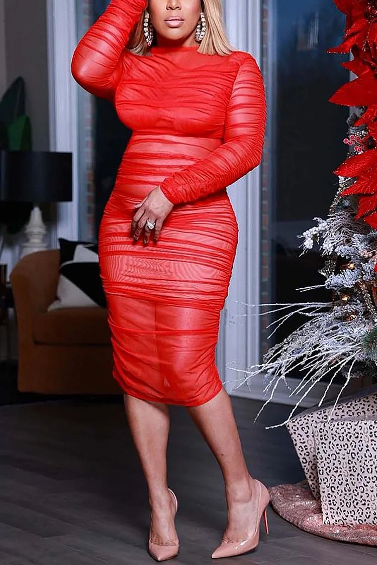 Plus Size Red Party Mesh See-Through Midi Dress