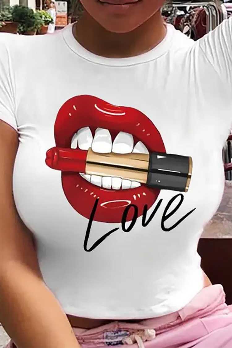 Plus Size White Casual Lips Print Basic T-Shirts