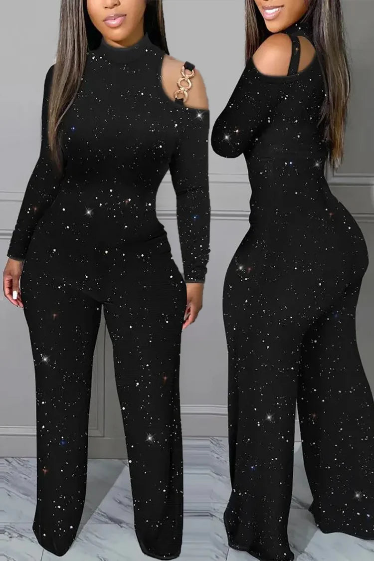 Plus Size Black Daily Cold Shoulder Long Sleeve Skinny Jumpsuits