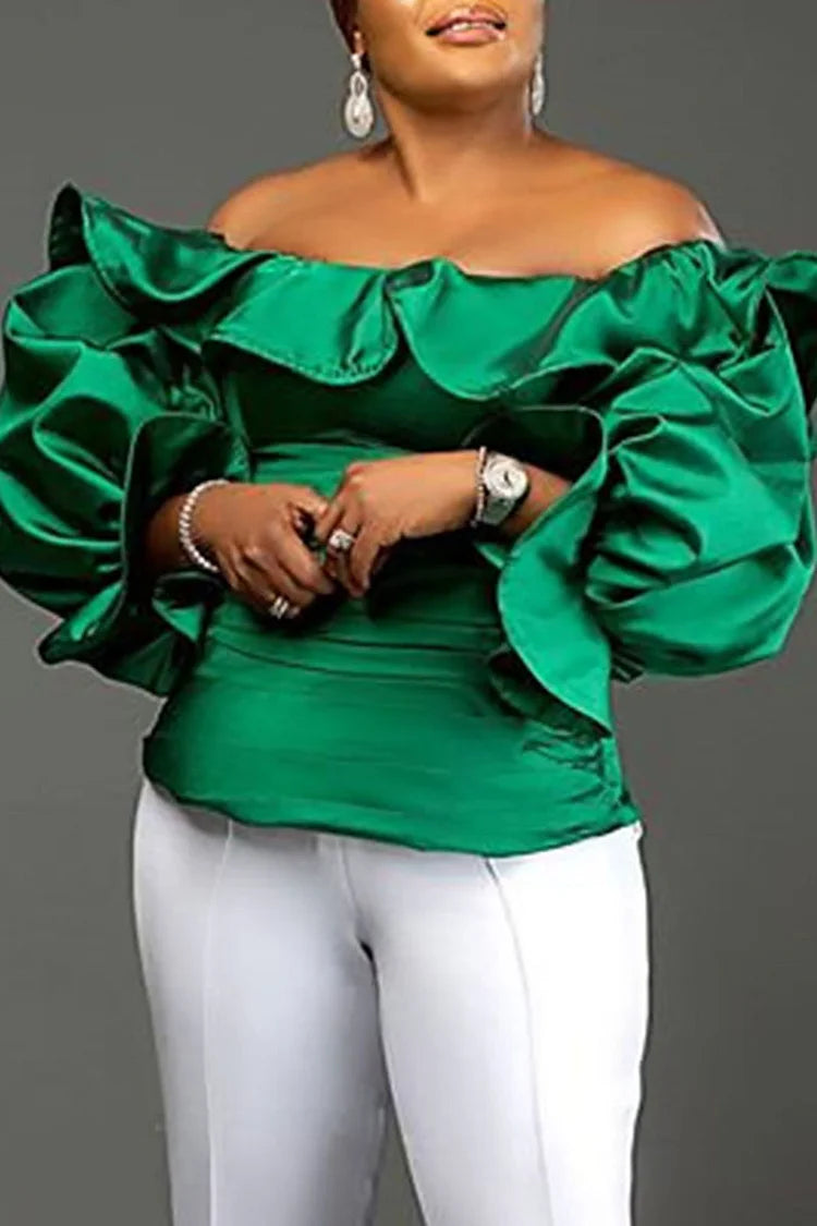 Xpluswear Plus Size Green Daily Off Shoulder Ruffle Sleeve Satin Blouses