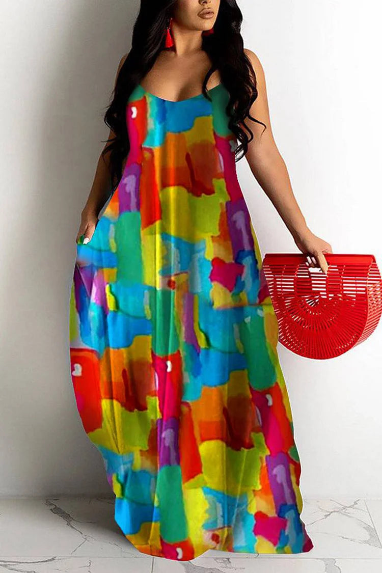 Plus Size Multicolor Casual Cami Sleeveless Peplum All Over Print With Pockets Maxi Dress