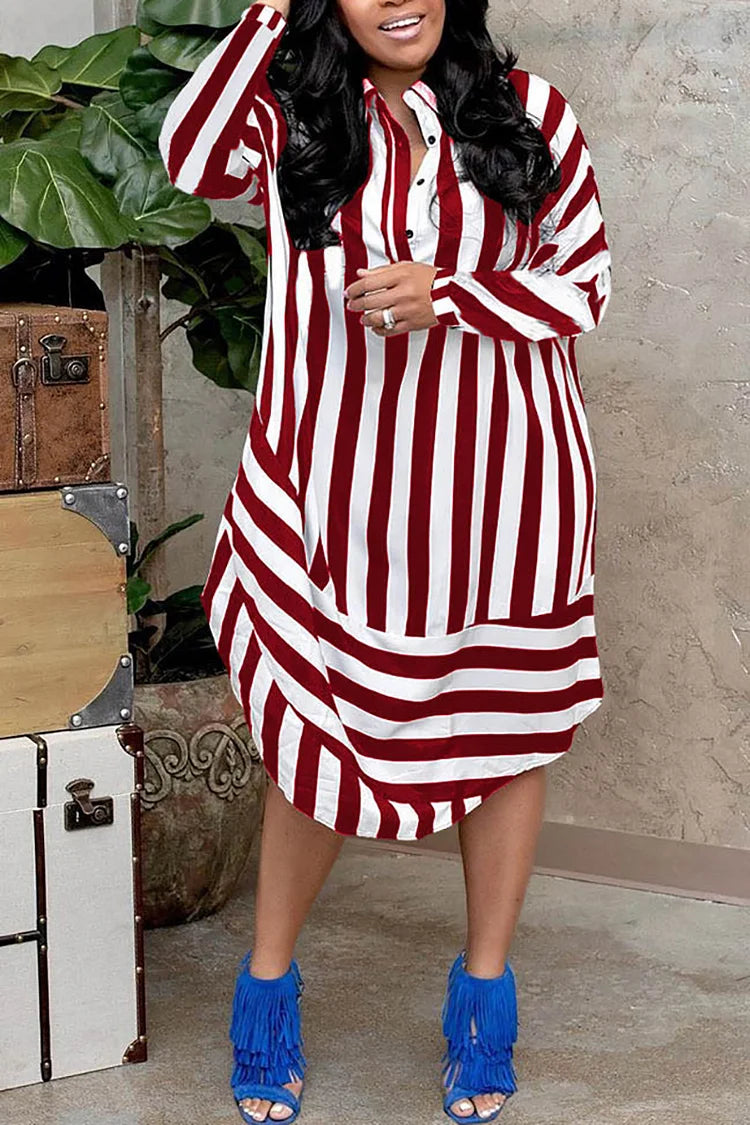 Plus Size Casual Stripe Shirt Collar Long Sleeve Midi Dress