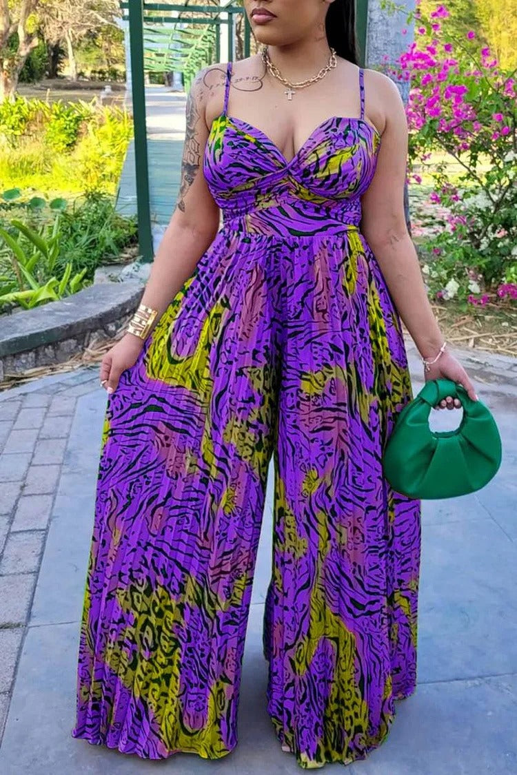 Plus Size Multicolor All Over Print Vacation Pleated Jumpsuits