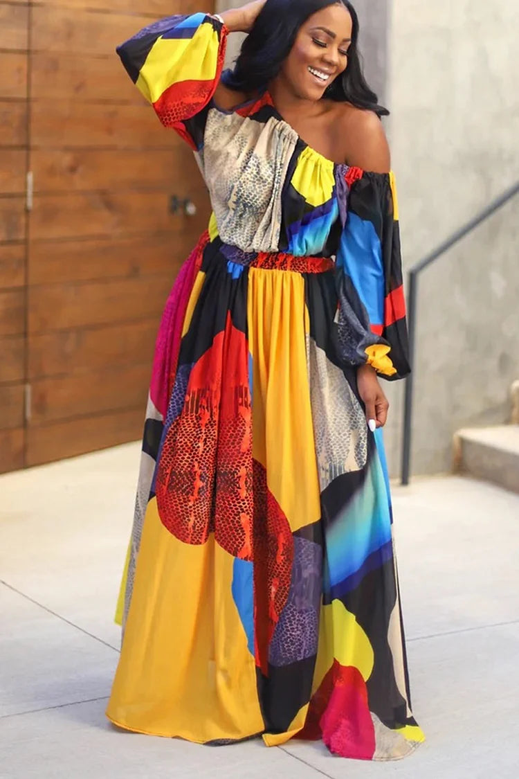 Plus Size Multicolor Casual All Over Print Lantern Sleeve Maxi Dress