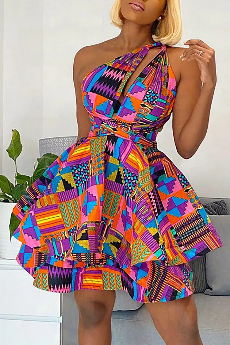 Plus Size One Shoulder Cut Out Ankara All Over Print A-Line Overlay Mini Dress