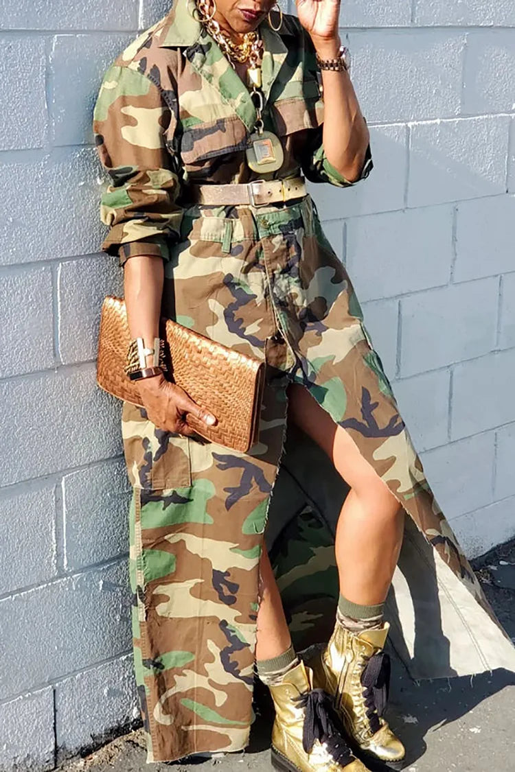 Plus Size Casual Army Green Camouflage Print High Slit Maxi Dress (Without Belt)