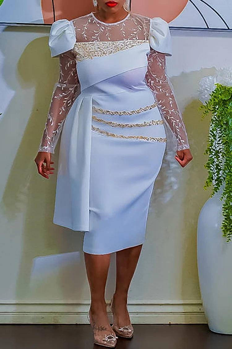 Plus Size White Party Rhinstone Mesh Square Neck Midi Dress