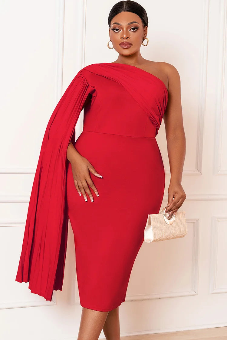 Plus Size Red Daily Oblique Shoulder Bodycon Flared Sleeve Midi Dress