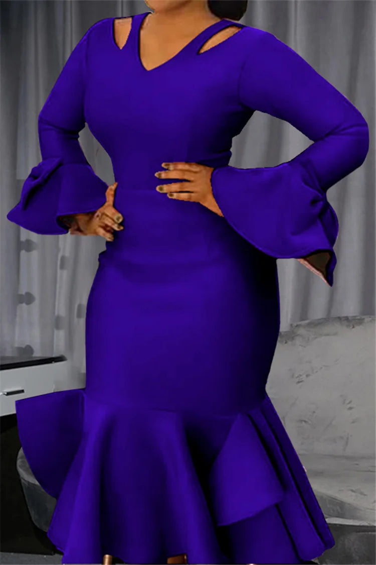 Plus Size Blue Formal Puff Sleeves Hollow Out V Neck Bodycon Mermaid Midi Dress