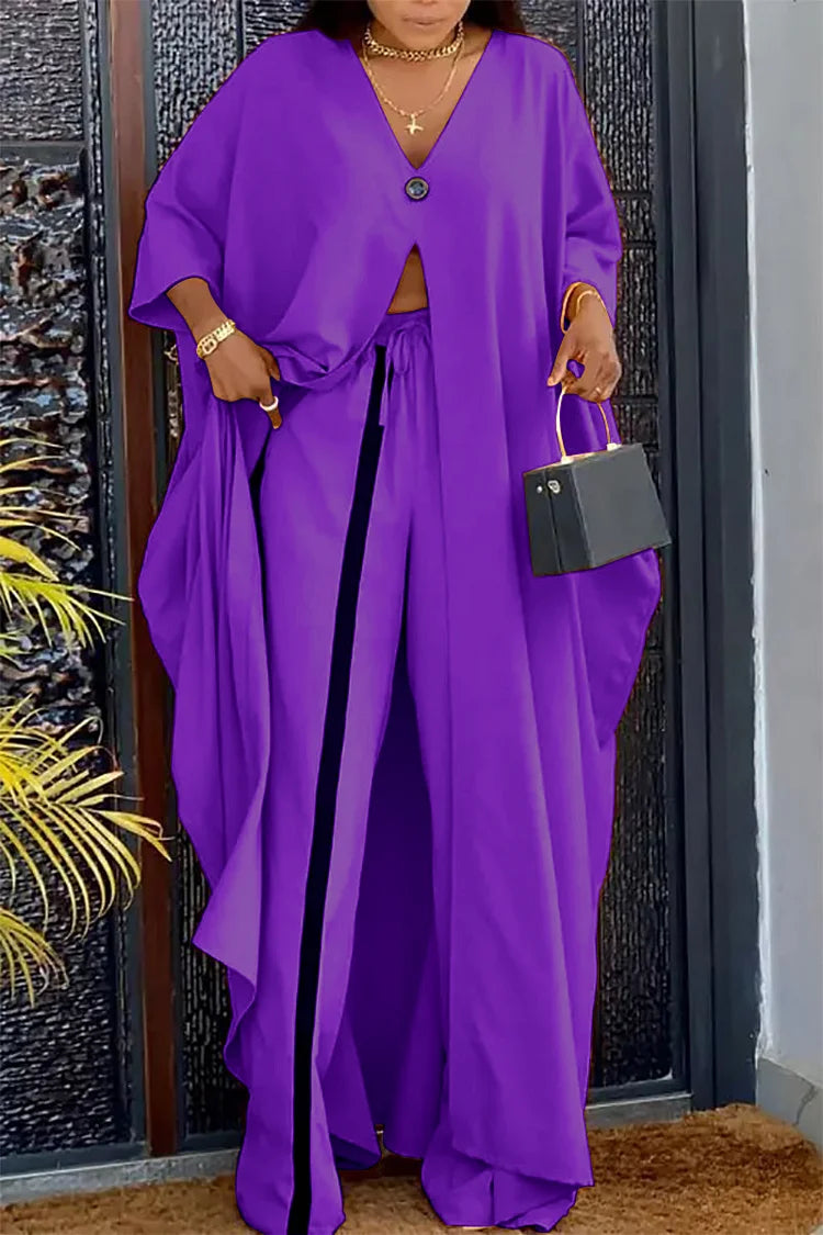 Plus Size Purple Casual Long Sleeve Slit Contrast Paneled Two Pieces Pants Set