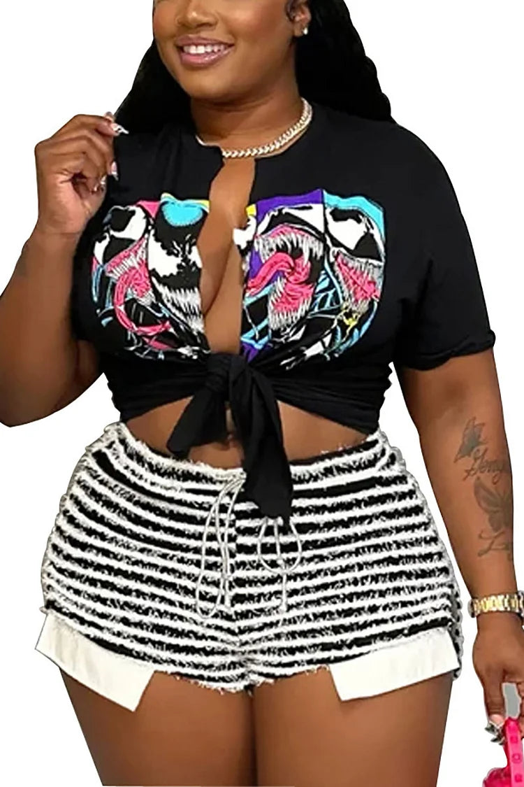 Plus Size Stripe Daily High Waist Shorts