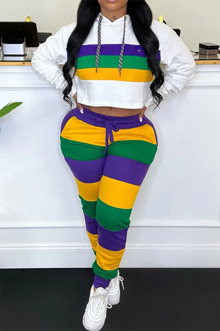 Plus Size Casual Colorblock Stripe Hoodie Two Pieces Pants Set