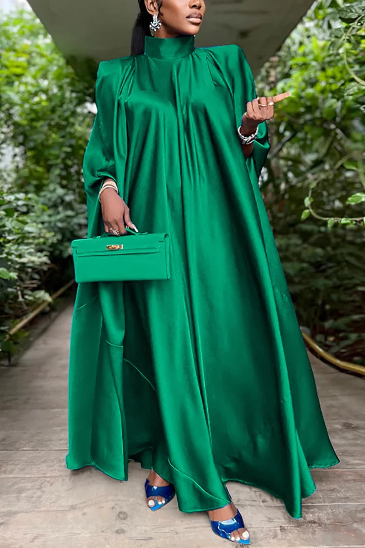 Plus Size Green Satin Tunic Church Long Sleeve Maxi Dress