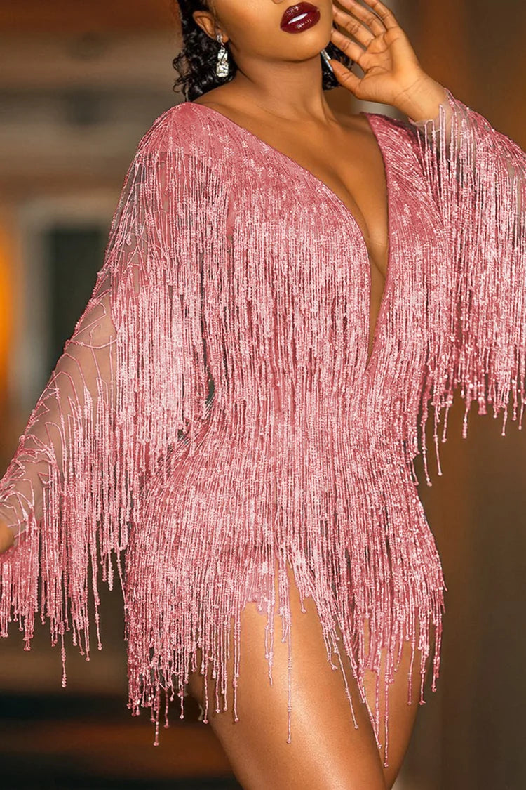 Plus Size Pink Party Sequin Fringe V Neck Backless Bodysuit Mini Dress
