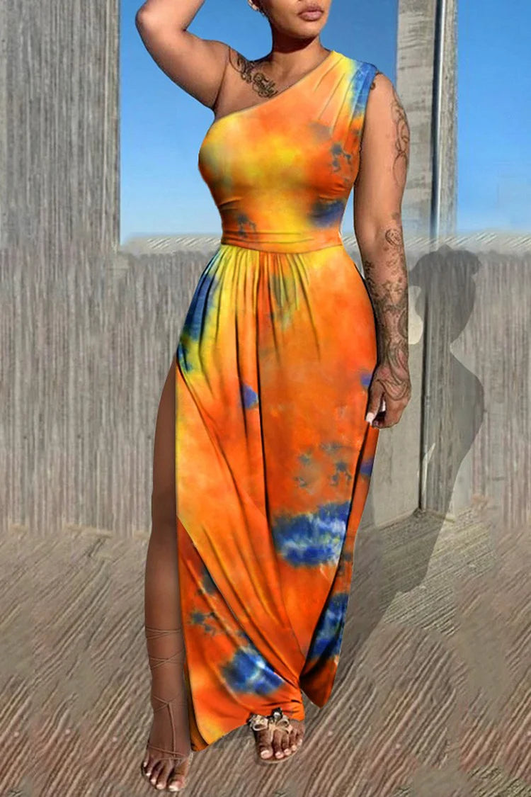 Plus Size Orange Daily Tie Dye One Shoulder Maxi Dress