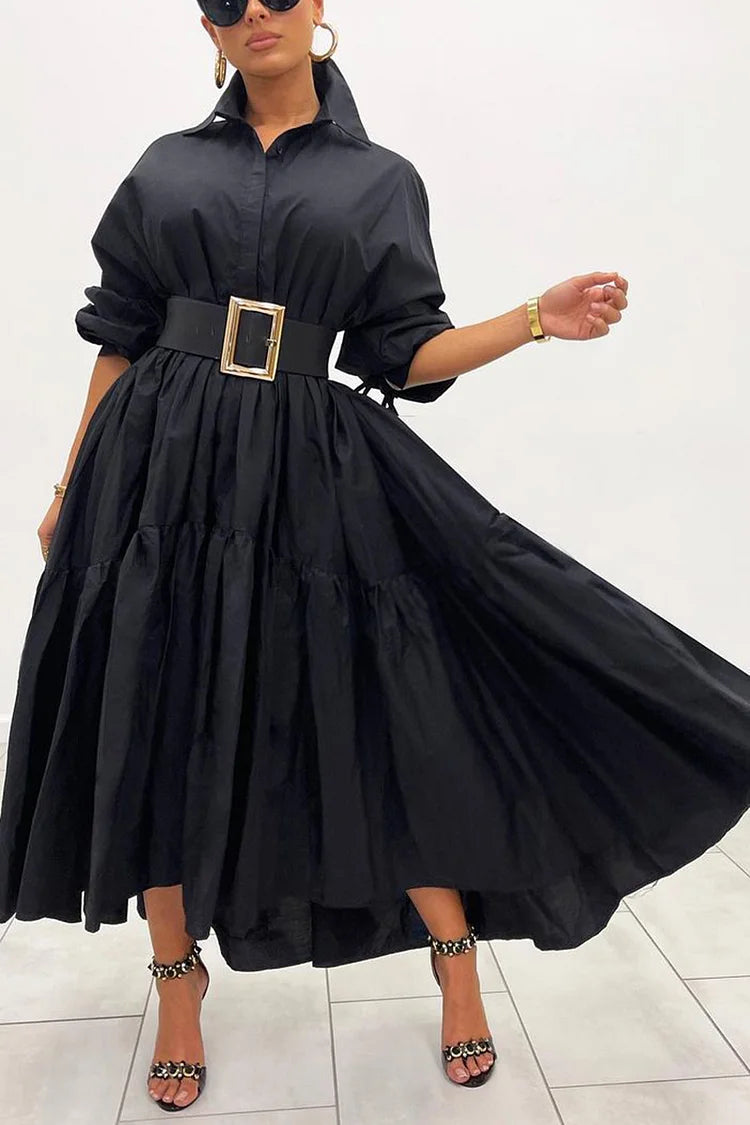 Plus Size Casual Black Ruffle Short Sleeve Cake Skirt Maxi Dress (Without Belt)