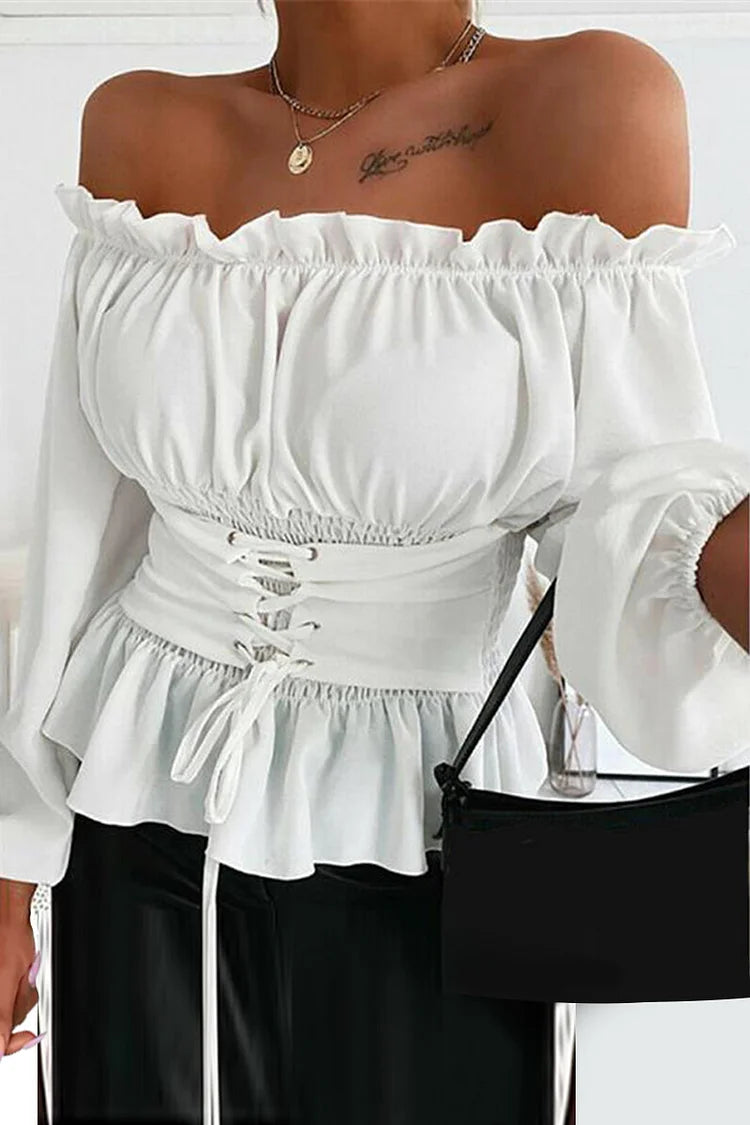 Plus Size White Daily Off The Shoulder Puff Sleeves Blouse