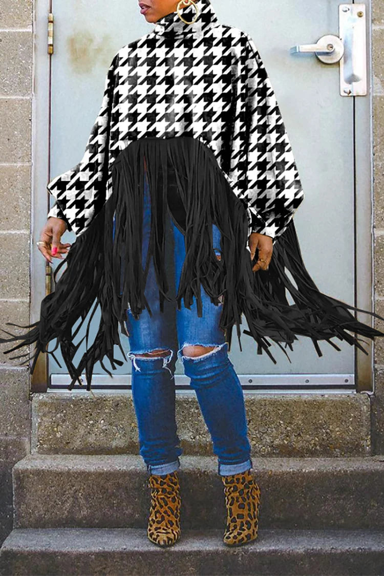 Plus Size Casual Houndstooth Print Fringe Loose High Neck Blouses