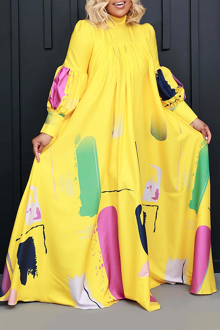 Plus Size Yellow Casual Lantern Sleeve All Over Print Maxi Dress
