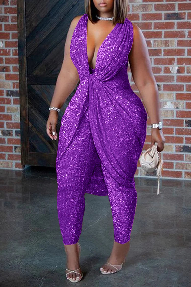 Plus Size Purple Party Sequin Draping Sleeveless Leggings Pants Jumpsuits