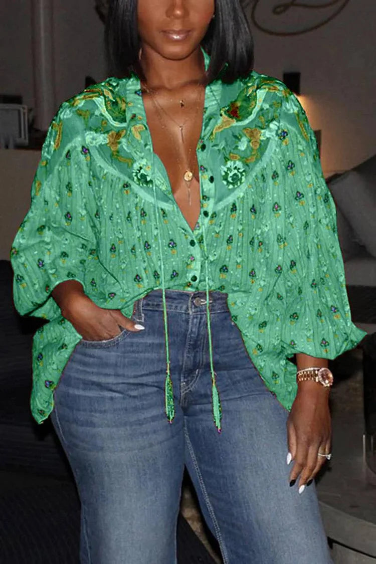 Plus Size Green Daily Floral Print Button Lantern Sleeve Blouse