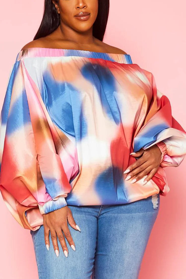 Plus Size Multicolor Daily Off The Shoulder Puffy Sleeves Tie Dye Blouse